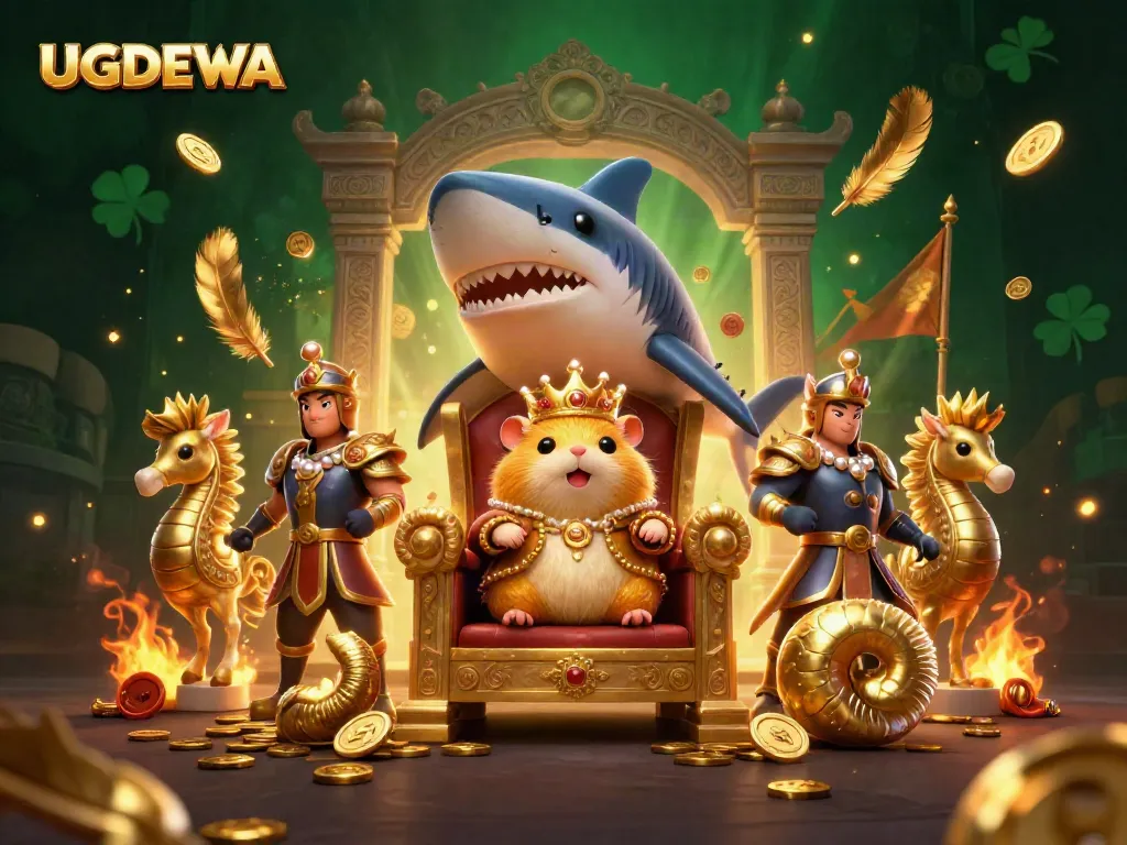 Engage with UGDEWA's dynamic casino atmosphere featuring a golden hamster king on a megalodon throne.