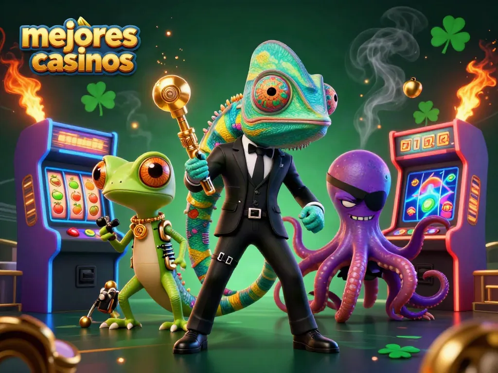 Descubre los mejores casinos en una ilustración vibrante con un camaleón y un gecko, rodeados de máquinas tragamonedas.