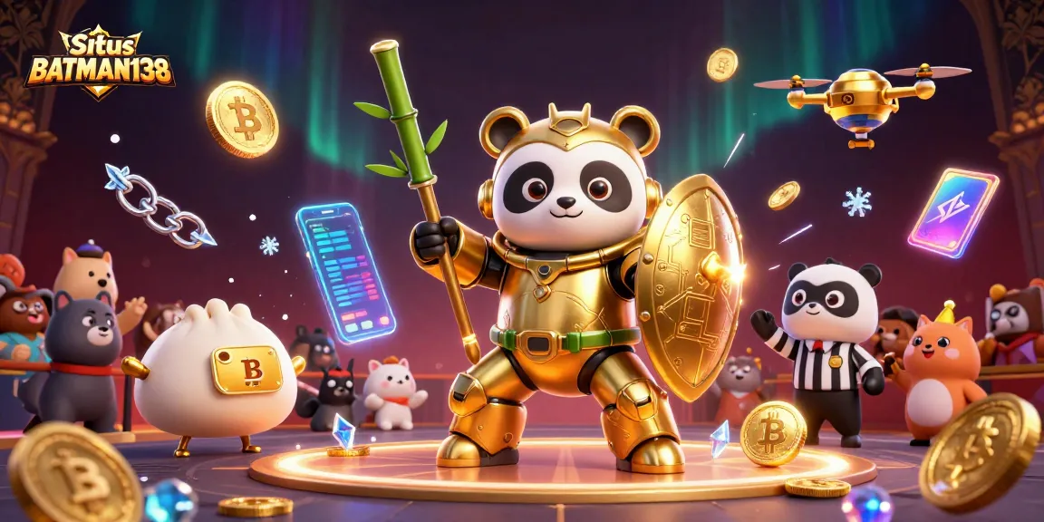 Situs BATMAN138 showcases an epic gambling scene with golden panda robots and crypto-themed elements.