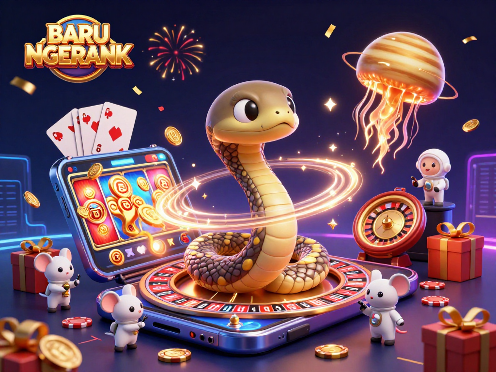 Experience BARU NGERANK as cute astronaut mice place bets on sizzling slots in a cosmic casino scene.