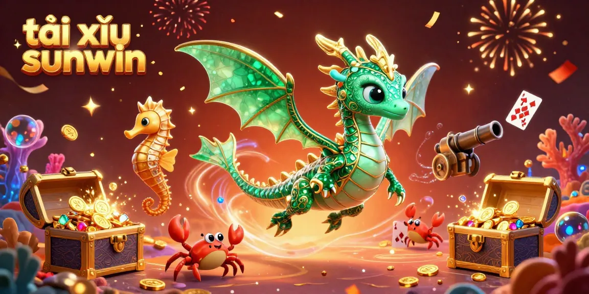 Tài xỉu sunwin showcases a vibrant sea dragon with treasure, casino elements, and colorful gems.