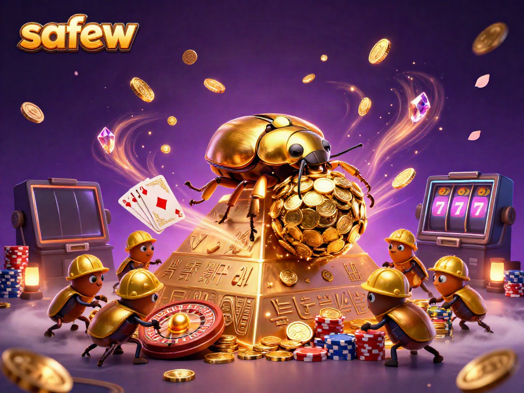 Experience safew's secure communication with an engaging illustration of golden beetles amidst casino riches.