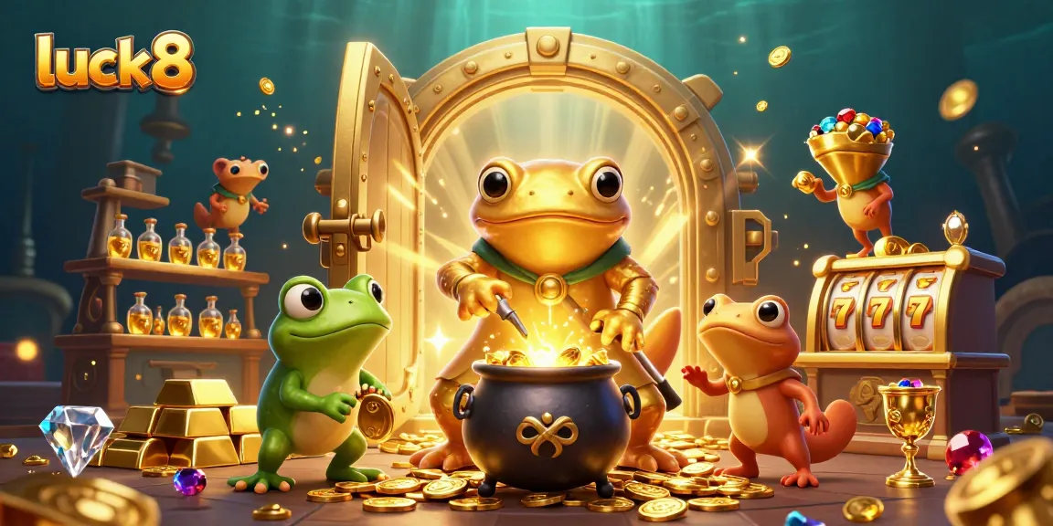 Players engage in thrilling slots at luck8 casino with 3D characters and sparkling gold elements.