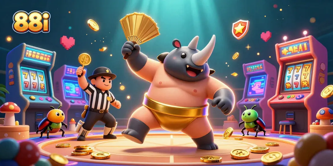 Engage with 88i's lively gambling world featuring a sumo beetle champion amidst golden coins and gaming elements.