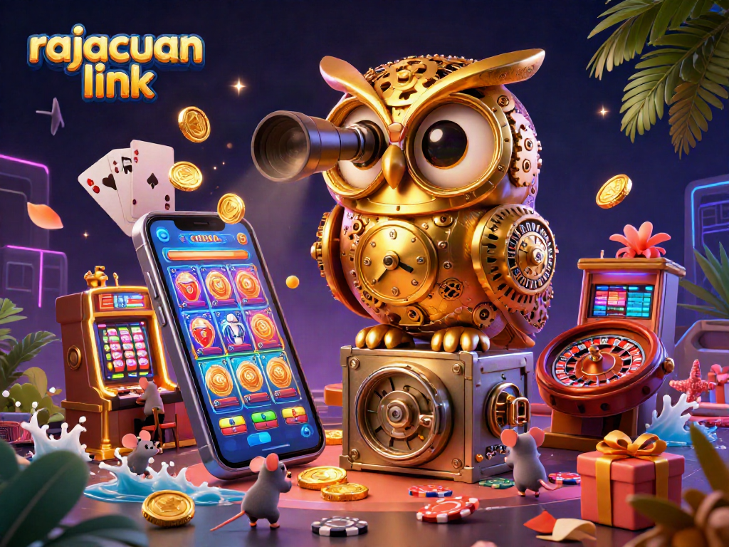 Engage in the excitement of rajacuan link with vibrant casino motifs featuring a golden owl and dynamic slot game elements.
