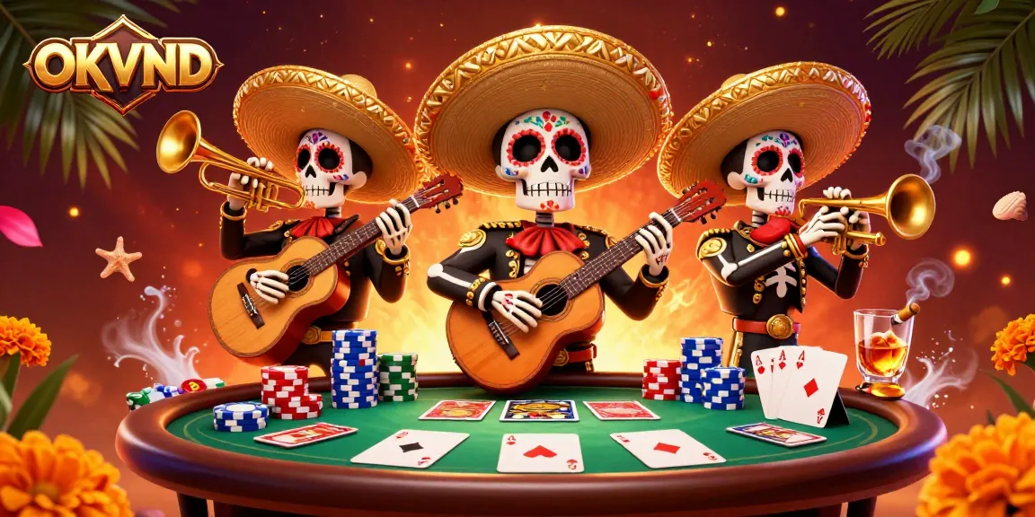 Play poker with OKVND's vibrant mariachi band in a dazzling casino scene.