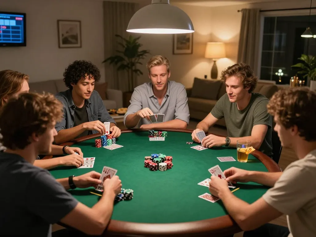 Engaging home poker night with friends enjoying gameplay, showcasing nhà cái uu88 atmosphere and vibrant interactions.