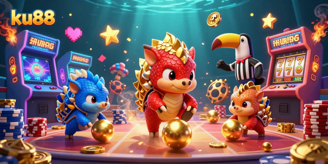 ku88 pangolins roll golden balls in a vibrant 3D casino game scene filled with excitement