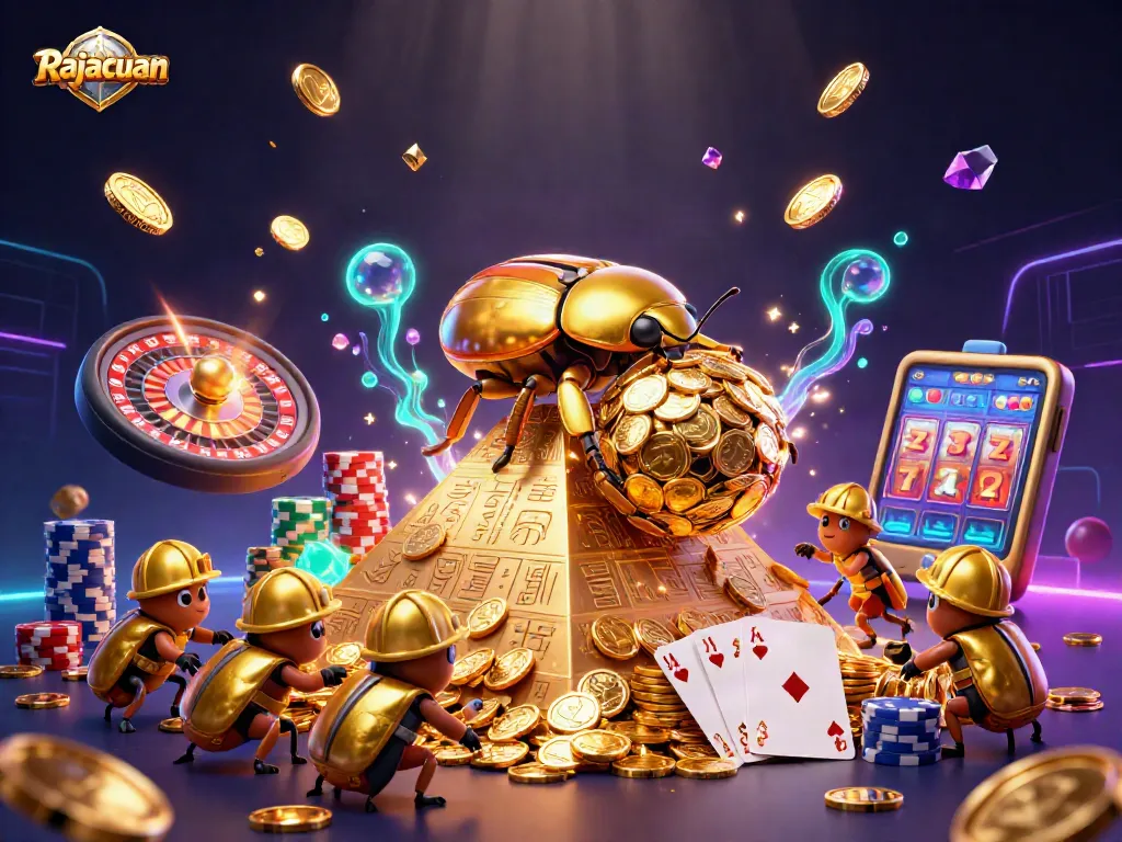Rajacuan's vibrant online casino world showcases golden beetles rolling coins amidst dynamic gaming elements.