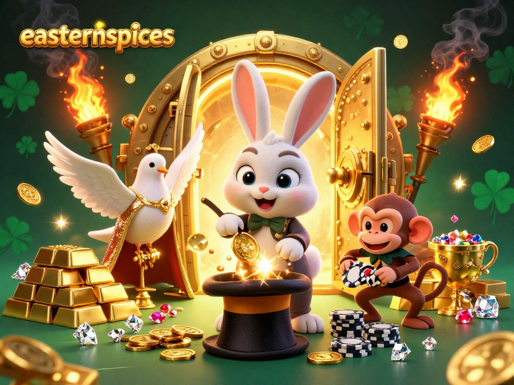 Spin and win with easternspices as a magician rabbit pulls golden coins in a vibrant casino scene.