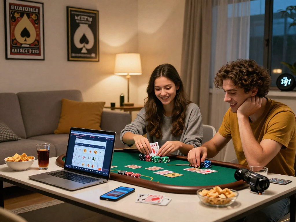 Couple enjoying a poker game while engaging with the http://oxbet-app.com platform in a cozy living room.