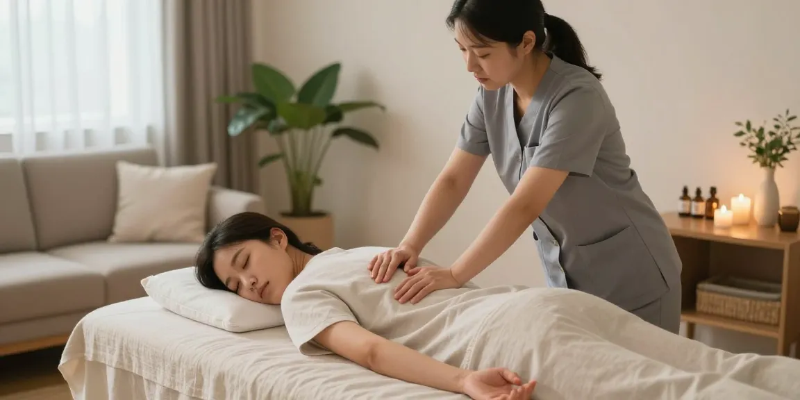 Professional therapist providing 강북출장안마 services in a serene home environment, promoting relaxation and wellness.