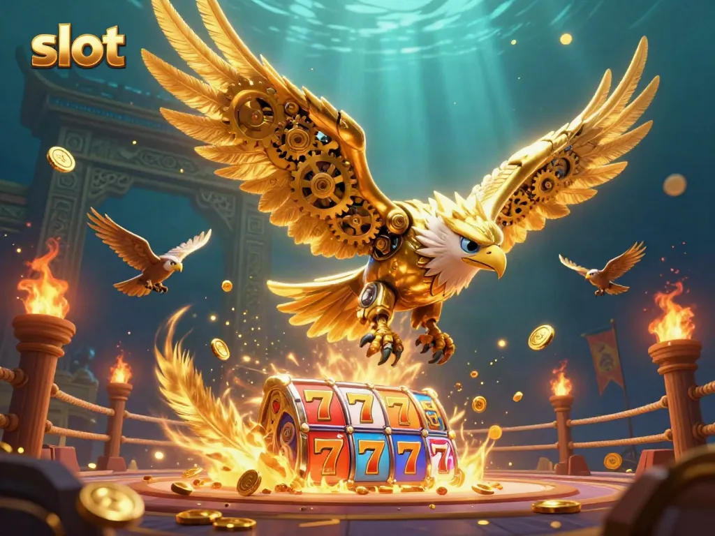 Dynamic scene of a cybernetic eagle amidst slot reels and golden coins, embodying gaming energy.