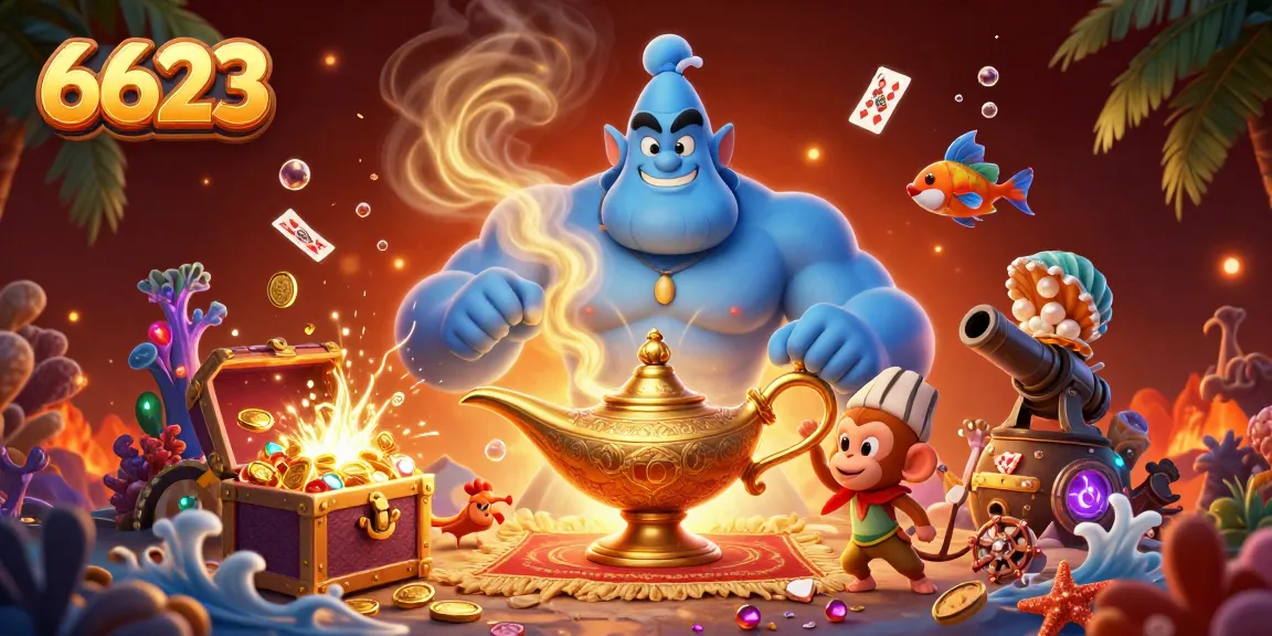 Engage with 6623's vibrant casino experience at an ultra-detailed scene featuring a genie and themed elements.