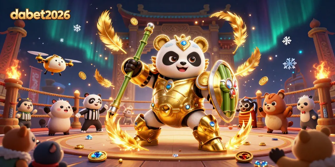 Engage with dabet2026 in this vibrant casino scene featuring a golden panda robot amidst celebratory action.