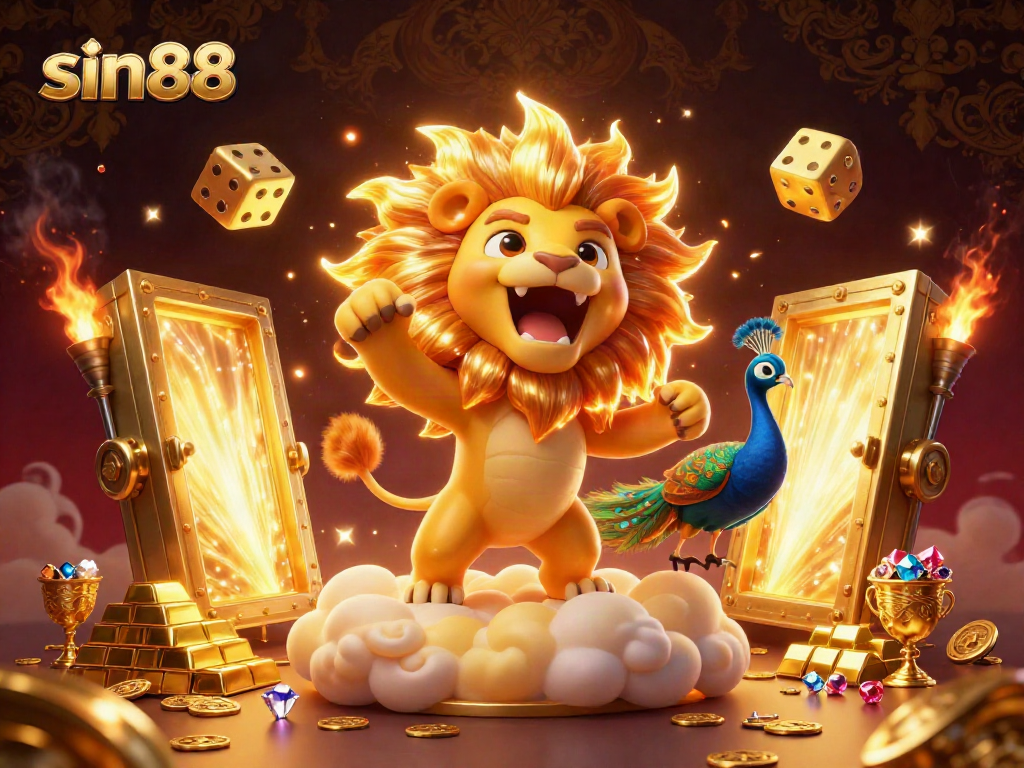 Experience the vibrant and exciting gaming world of sin88 with a roaring cartoon lion and dazzling treasures.