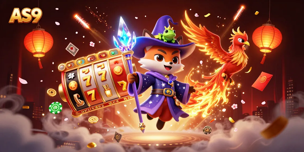 Experience high-stakes play in AS9's vibrant casino scene with dynamic slot reels and magical characters.