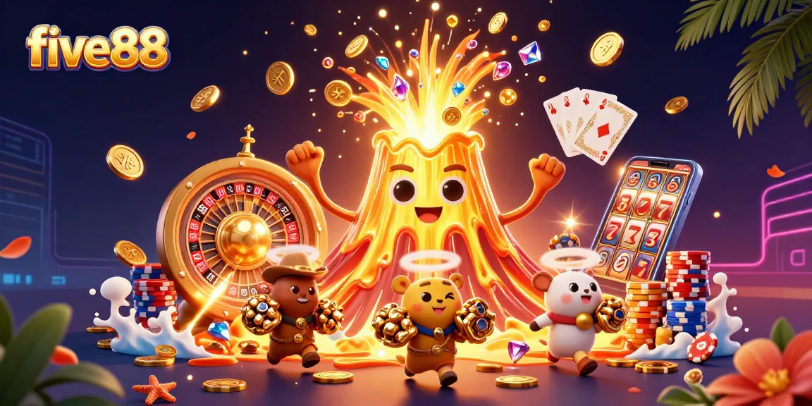 Engage with five88's thrilling wins, featuring a volcano eruption of coins and majestic casino gameplay elements.