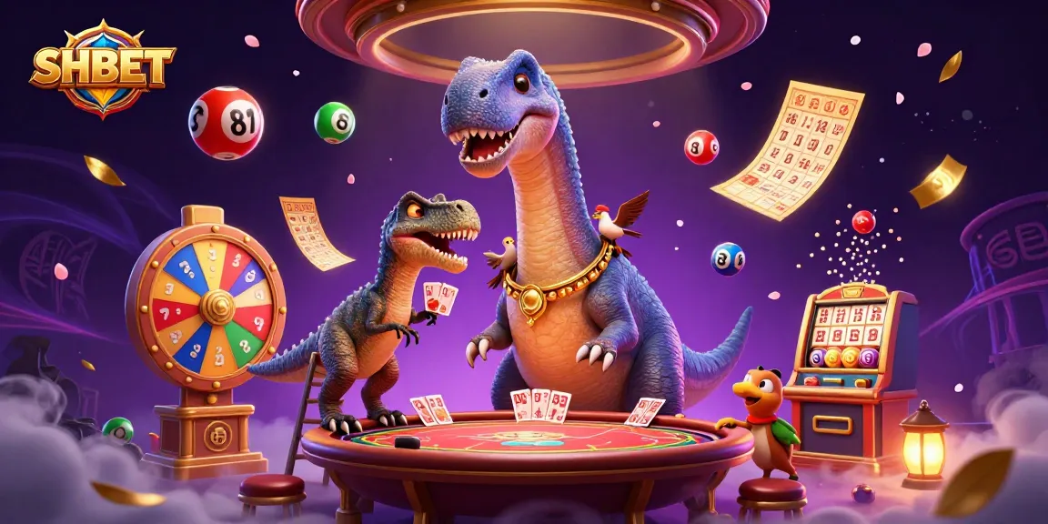 SHBET offers a whimsical casino experience with cartoon dinosaurs and vibrant lottery elements.