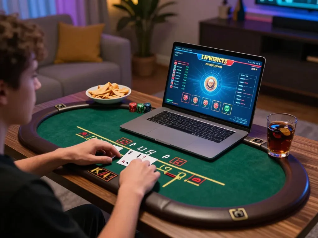 Player engaging in thrilling online blackjack game showcasing kjc gaming excitement at home