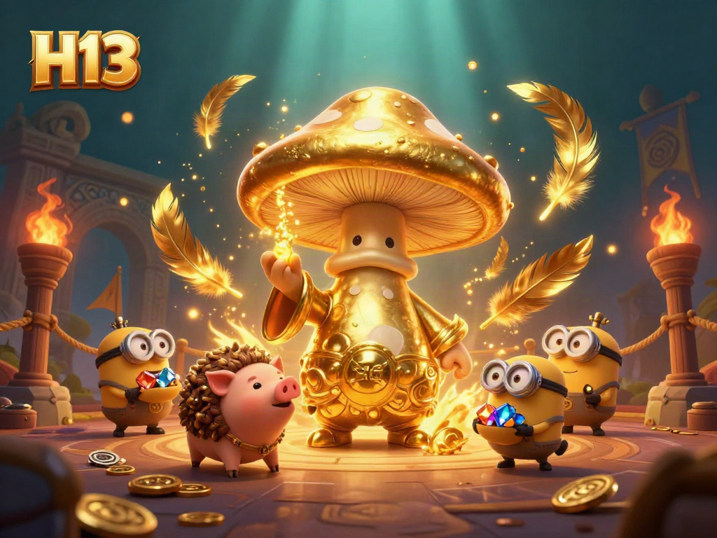 Experience H13's magical gaming adventure with a golden mushroom wizard, treasures, and vibrant casino elements.