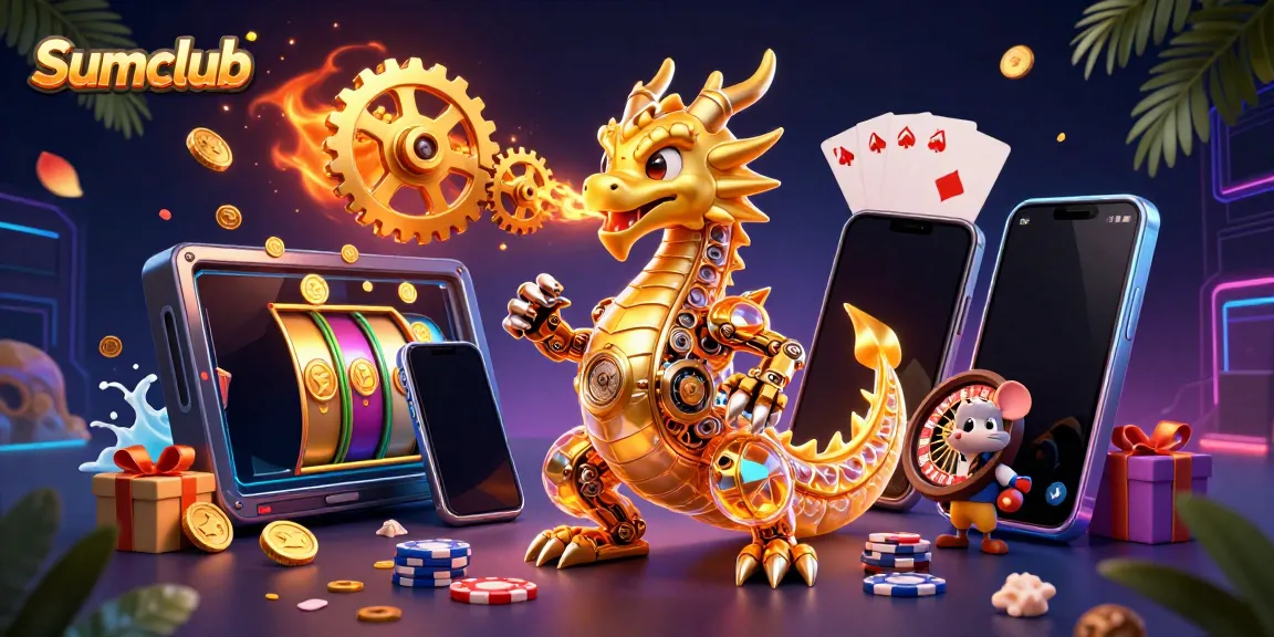 Experience the thrill of Sumclub with vibrant casino elements and a dynamic dragon character.