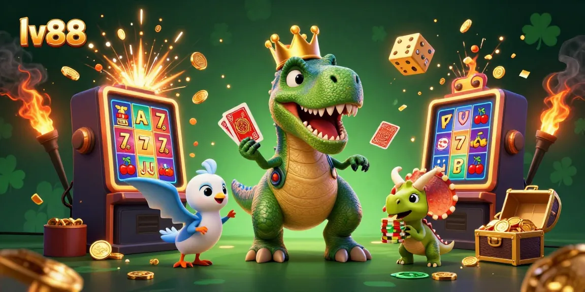 Engage with lv88's animated gaming scene featuring a T-Rex and friends amidst a wealth of casino elements.