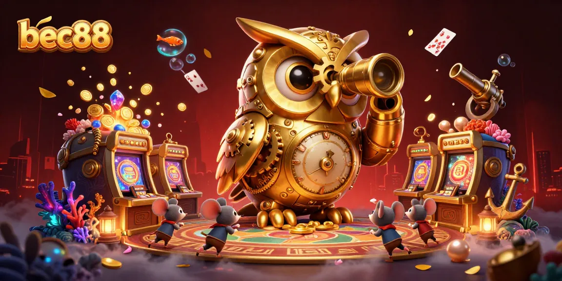 Experience thrilling slots at bec88 with a dynamic scene of a golden owl overseeing the casino floor.