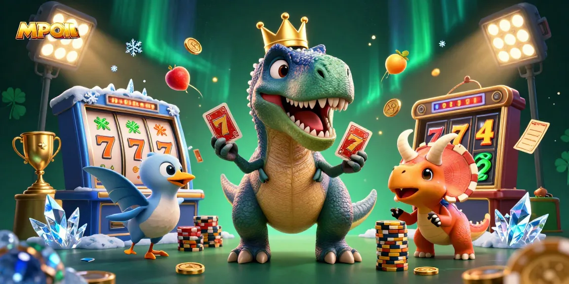 MPOID showcases a lively casino scene with animated dinosaurs engaging in card games and stacking chips.