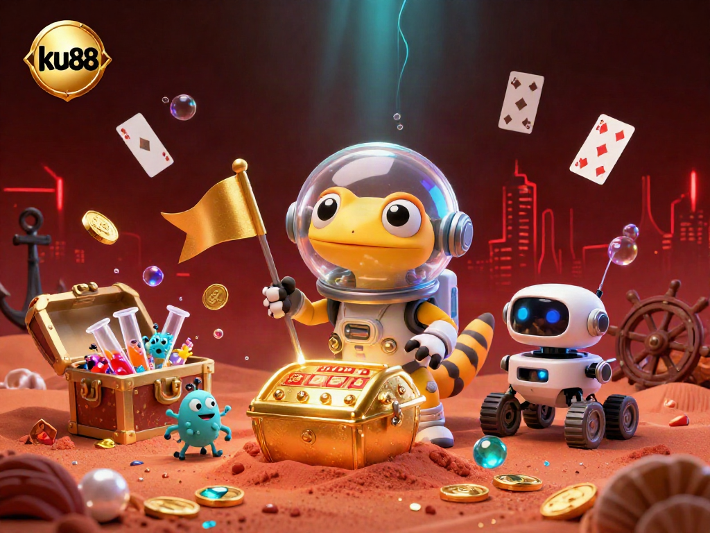 Experience the excitement of ku88 with a dynamic 3D scene featuring a Martian gecko exploring a golden casino.