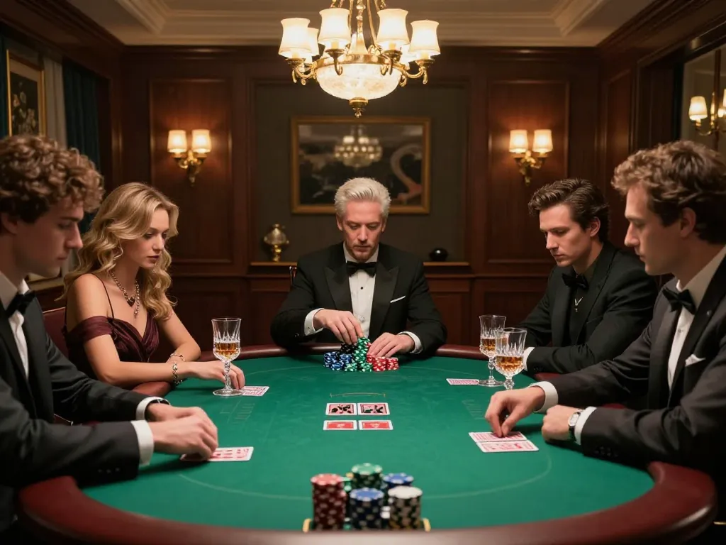 Rokok88 poker players strategizing in a luxurious setting, creating a thrilling gameplay atmosphere.