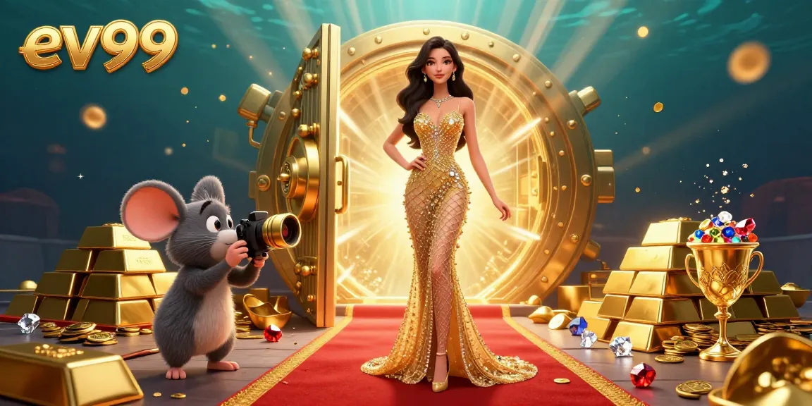 Experience thrilling jackpots and games at ev99 with vibrant visuals of golden treasures and glamorous characters.
