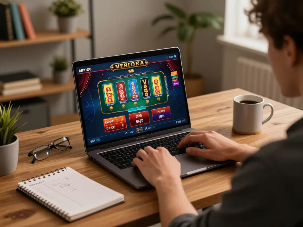 Player engaging with MPO08 Link on a laptop, showcasing online casino gameplay in a modern home setup.