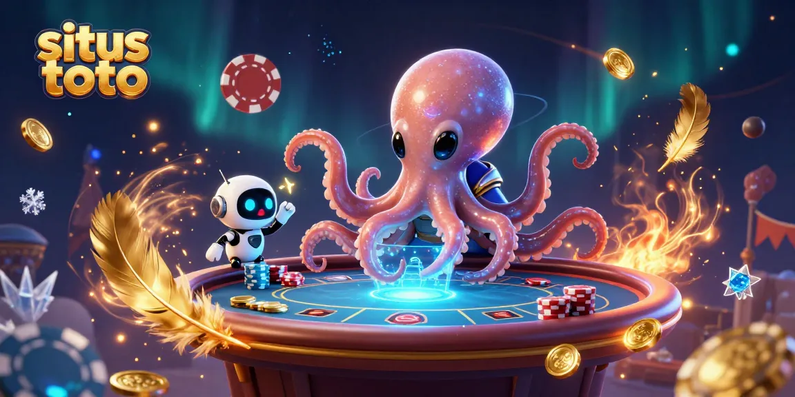 Engage in situs toto poker with a cute alien octopus and robot amidst vibrant casino elements.