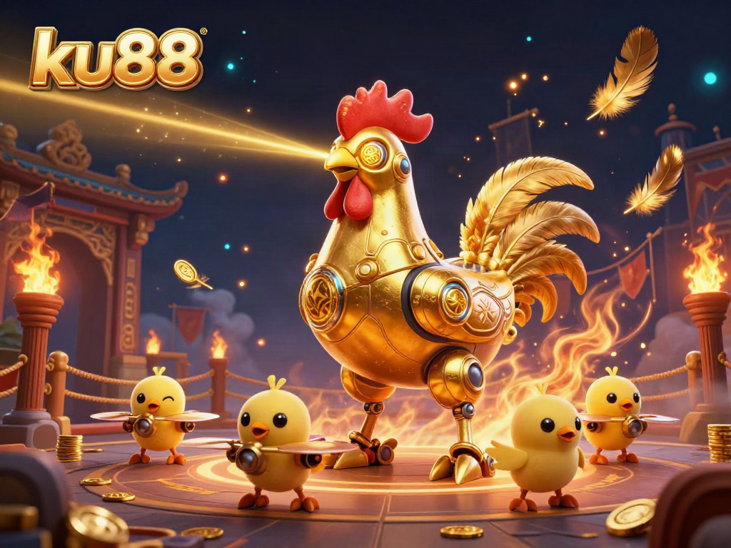 Experience thrilling action at ku88 with a golden rooster robot and dynamic baby chick drones.