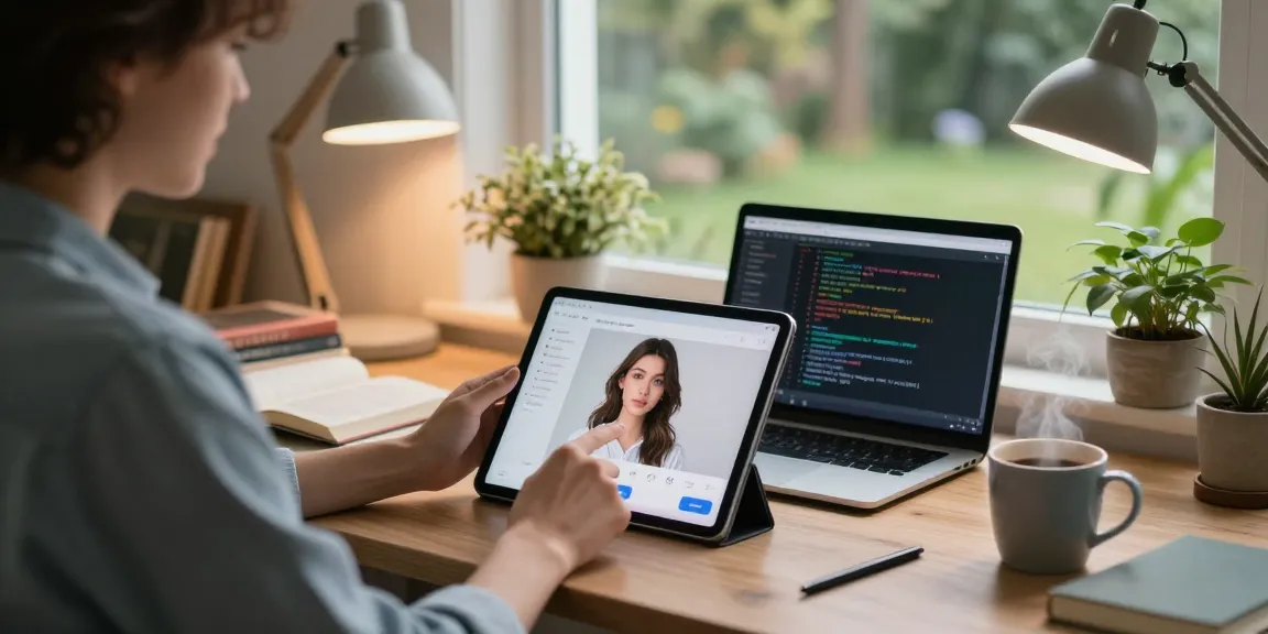 Engaging with an AI gf in a cozy home study, showcasing technology and personal connection.