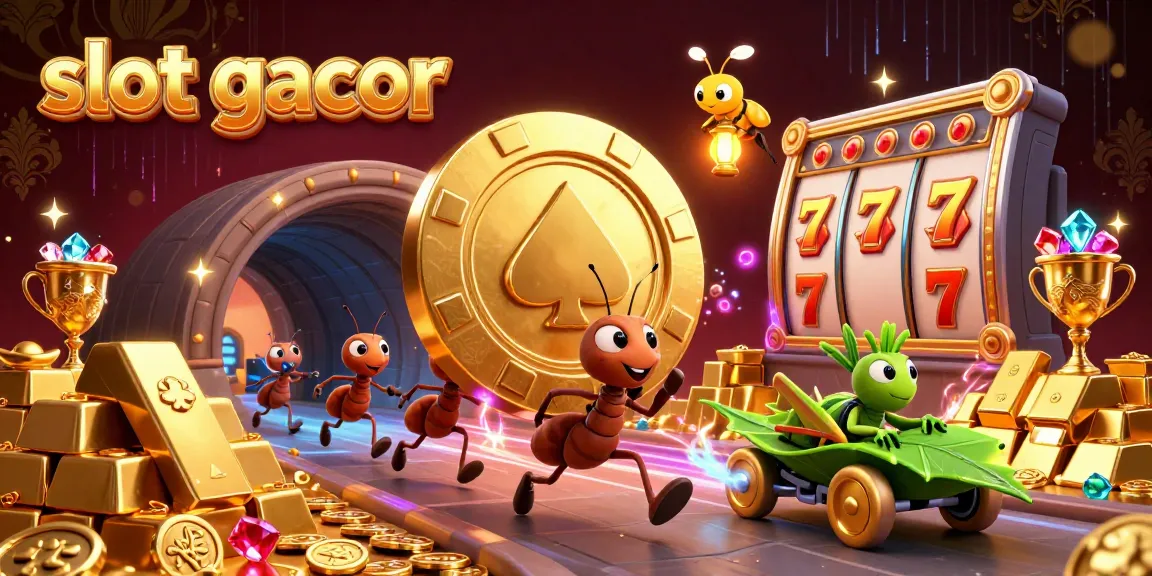 Experience the thrilling action of slot gacor with giant golden poker chips and vibrant casino elements in this lively illustration.