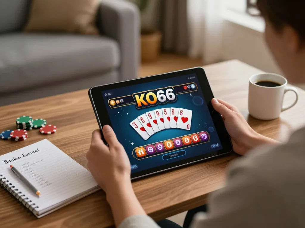 Người chơi thưởng thức trò chơi casino trực tuyến KO66 trên máy tính bảng trong khi quản lý ngân sách với ghi chú.