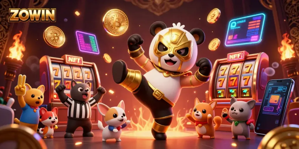 ZOWIN offers an exciting jackpot gaming scene with a wrestling panda and energetic animal spectators.