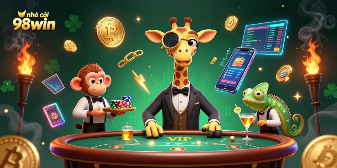 Experience the excitement at nhà cái 98win with vibrant 3D casino characters and crypto elements.