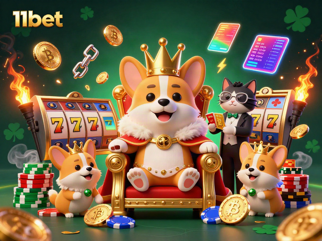 Engage in spectacular gameplay at 11bet, featuring a royal corgi king and vibrant slot machines.