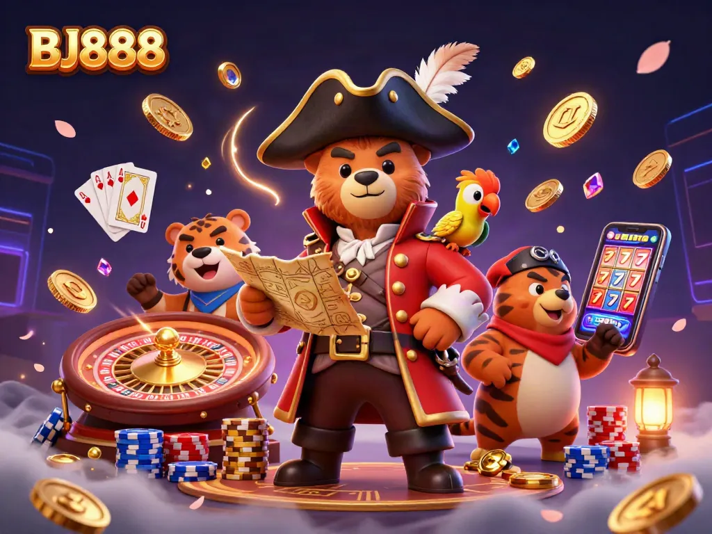 Experience the excitement of BJ888 with a vibrant casino scene featuring cartoon characters, cards, and coins.