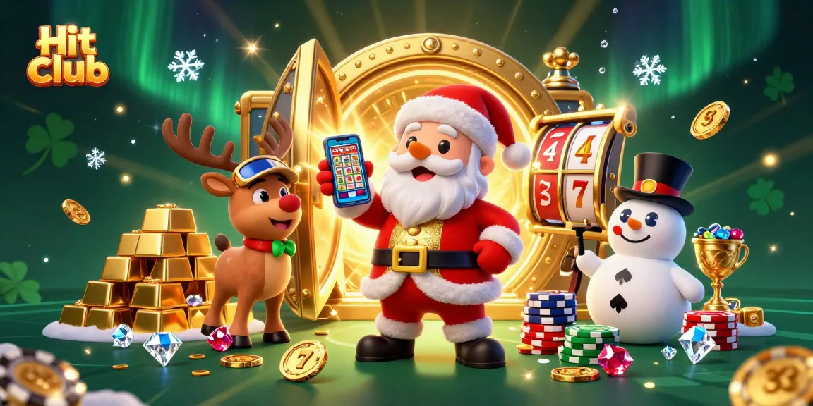 Experience thrilling jackpots at Hit club with Santa and friends in a festive casino scene.
