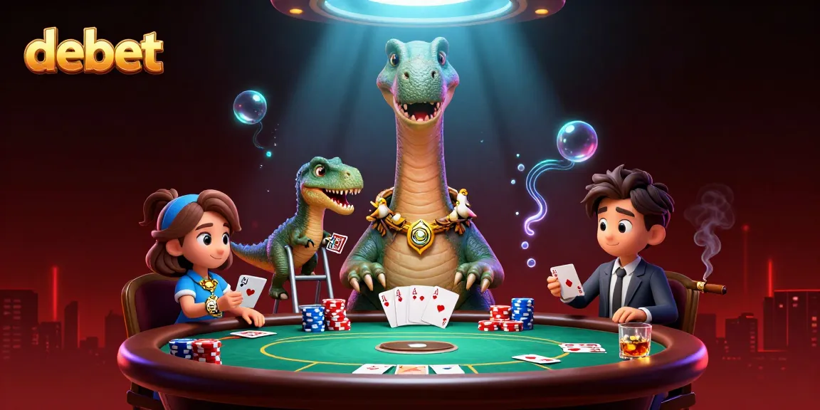 Experience lively gaming with debet, where a towering brontosaurus oversees a vibrant poker scene.