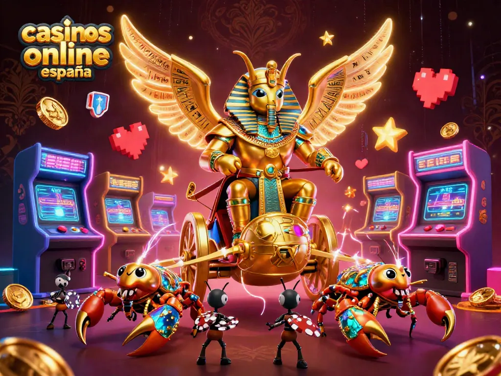 Disfruta de los casinos online España con esta ilustración dinámica de un escarabajo dorado y elementos de juego.
