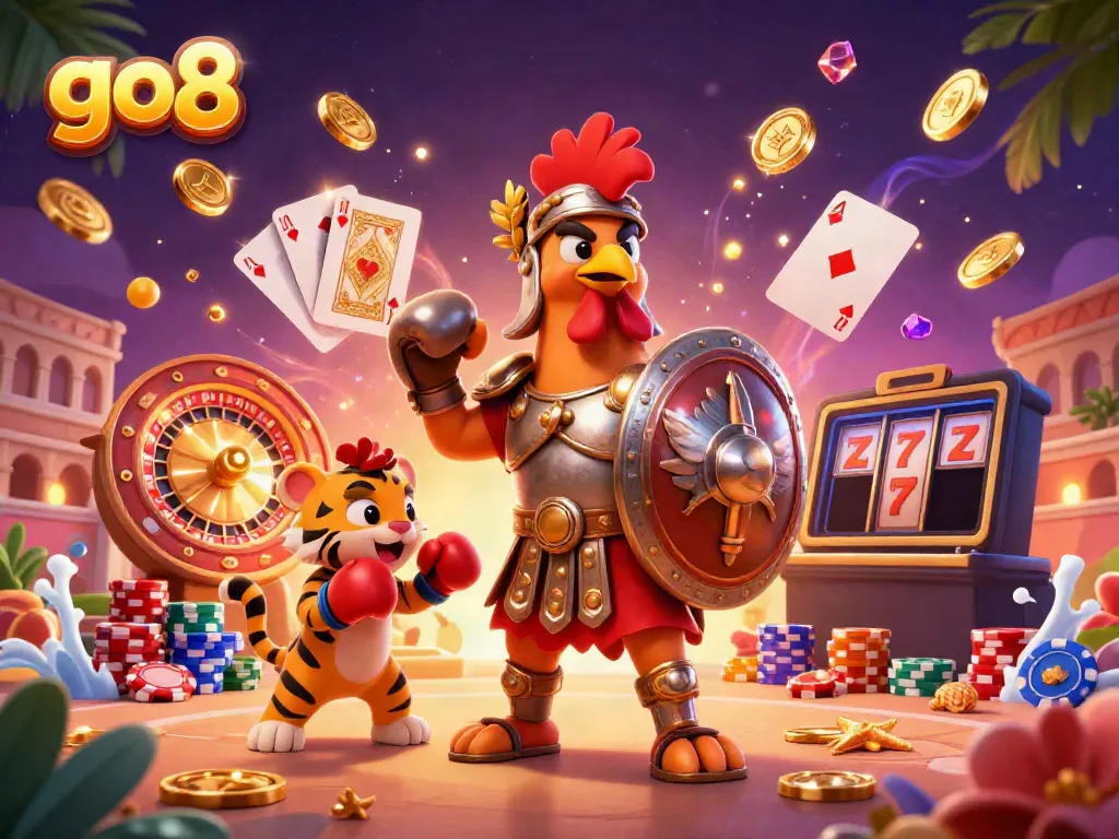 Engage in gaming excitement with go8 featuring a gladiator rooster and sparring cub amidst a vibrant casino backdrop.