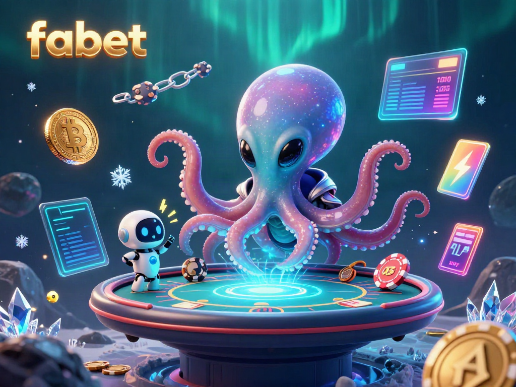 Join the fabet gaming world with an alien octopus on a holographic poker table surrounded by crypto coins.