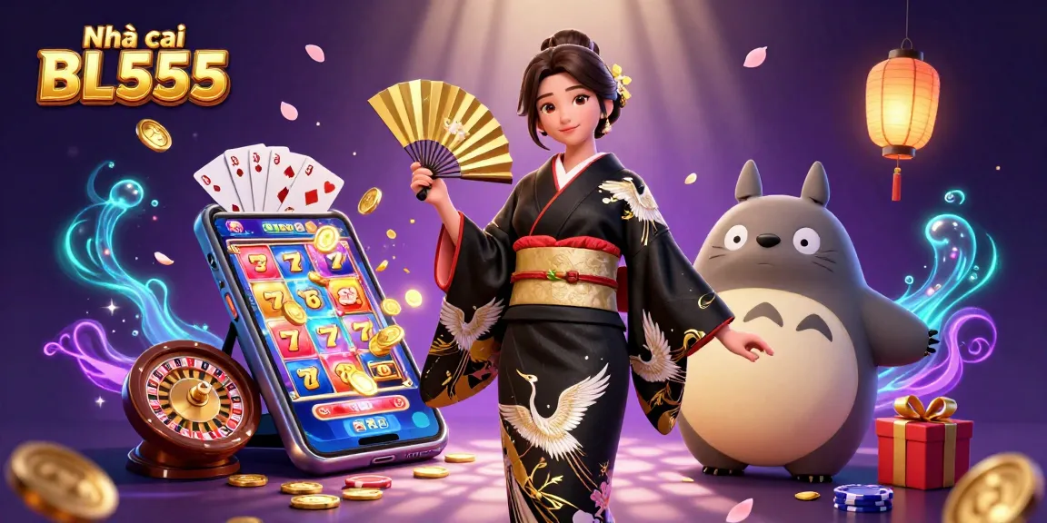 Engage with Nhà cái BL555 in a vibrant, immersive casino scene featuring slots, cards, and golden details.