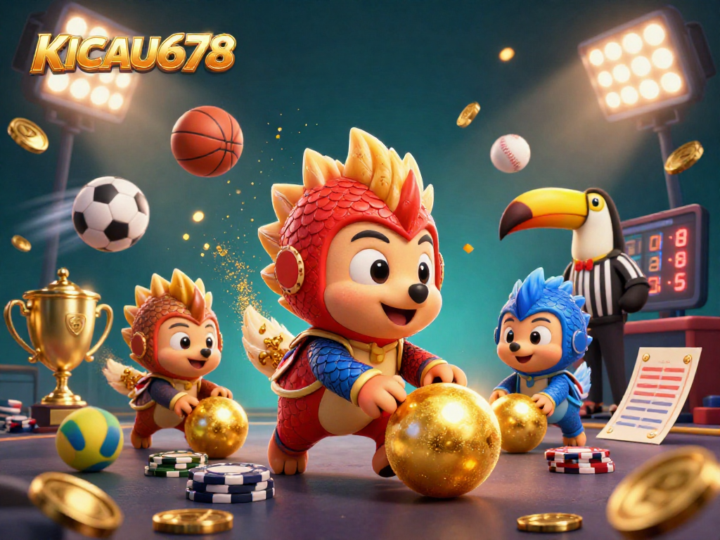 KICAU678 showcases rival pangolins engaging in a thrilling casino game amidst poker chips and sports balls.