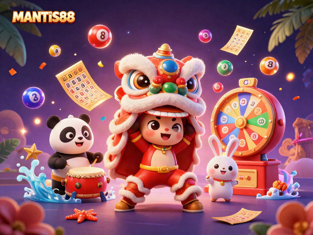 Engage in thrilling games at MANTIS88 with festive characters and vibrant casino elements.